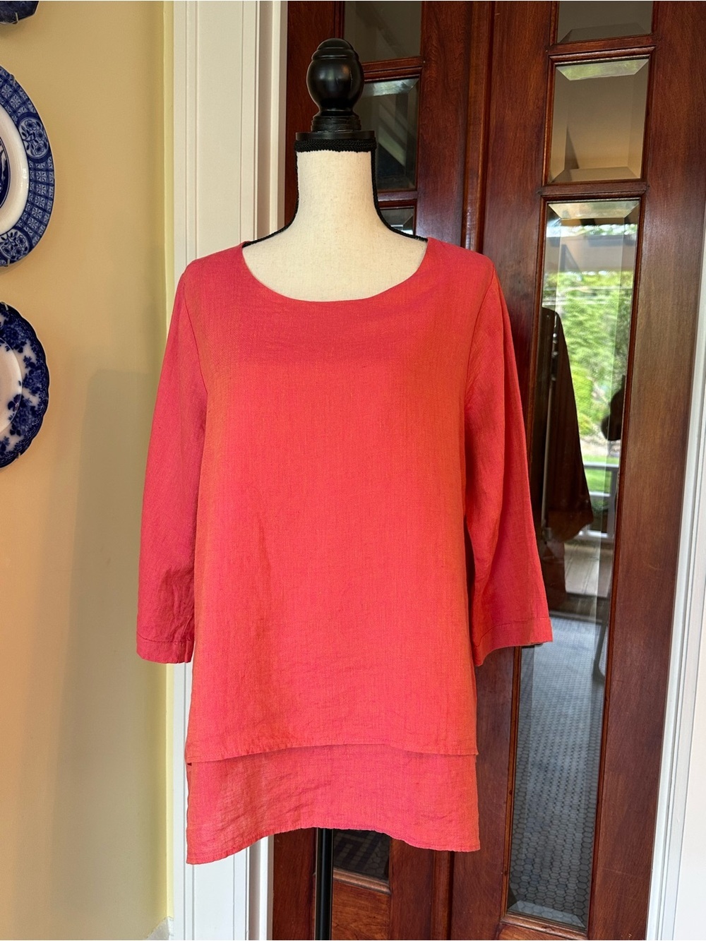 Chalet | 100% Linen Layered Look Tunic Top 3/4 Sleeve Coral w/Gold Sheen, L